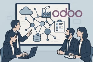 A business team collaborating around a large digital dashboard with interconnected diagrams icons representing database cloud manufacturing and inventory and the Odoo logo in the background