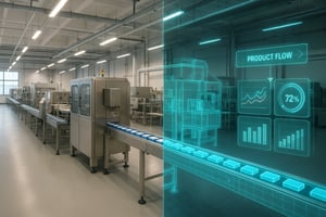 A modern factory with a visible digital twin overlayphysical equipment on one side matched with a transparent holographiclooking digital replica with realtime data visualized showing product flow and analytics dashboards