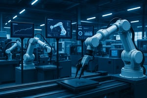A modern manufacturing facility with robotic arms digital displays and networked machinery under a blue lighting scheme to evoke technology and innovation