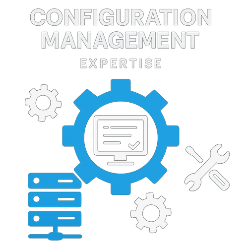 a graphic depicting our expertise in Configuration Management this will go on a dark background-1