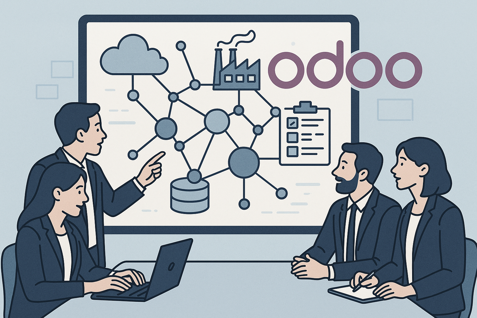 Business team with digital dashboard and Odoo logo, illustrating software integration in manufacturing.