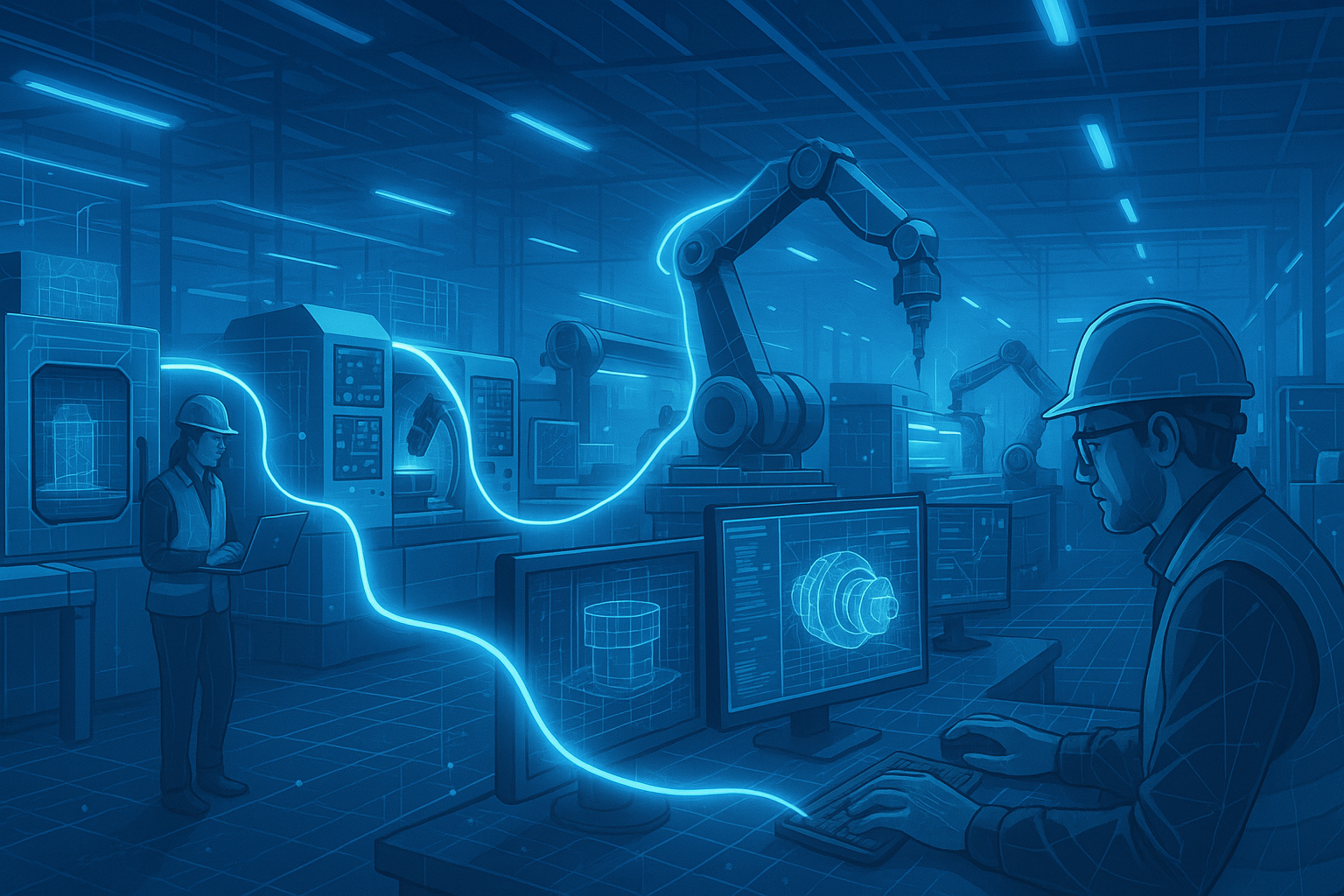 Digital thread visualized as blue glowing network connecting machines and engineers on a factory floor, highlighting data flow in a modern manufacturing plant.