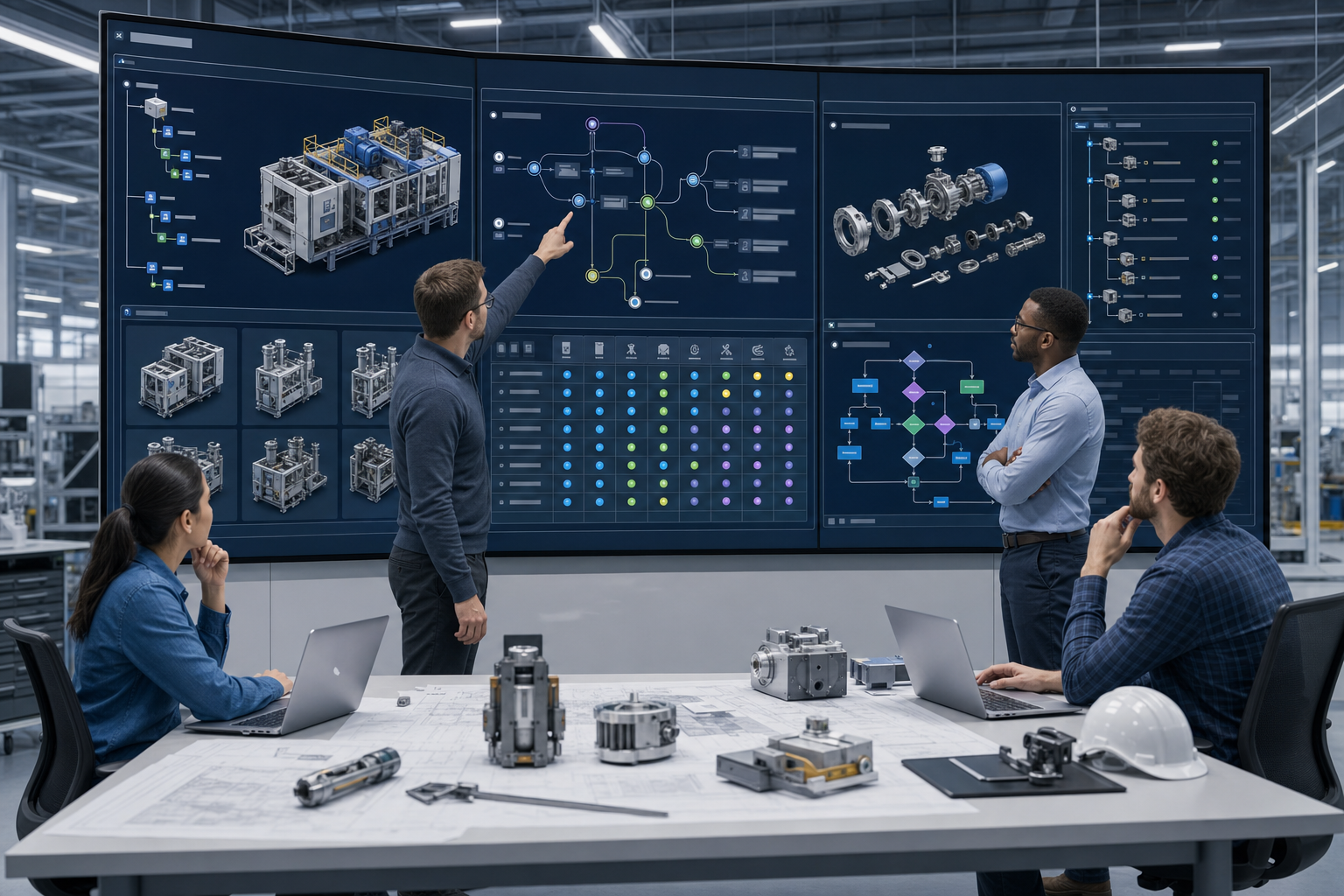 Engineering team reviewing complex product configurations and BOM structures on large PLM displays
