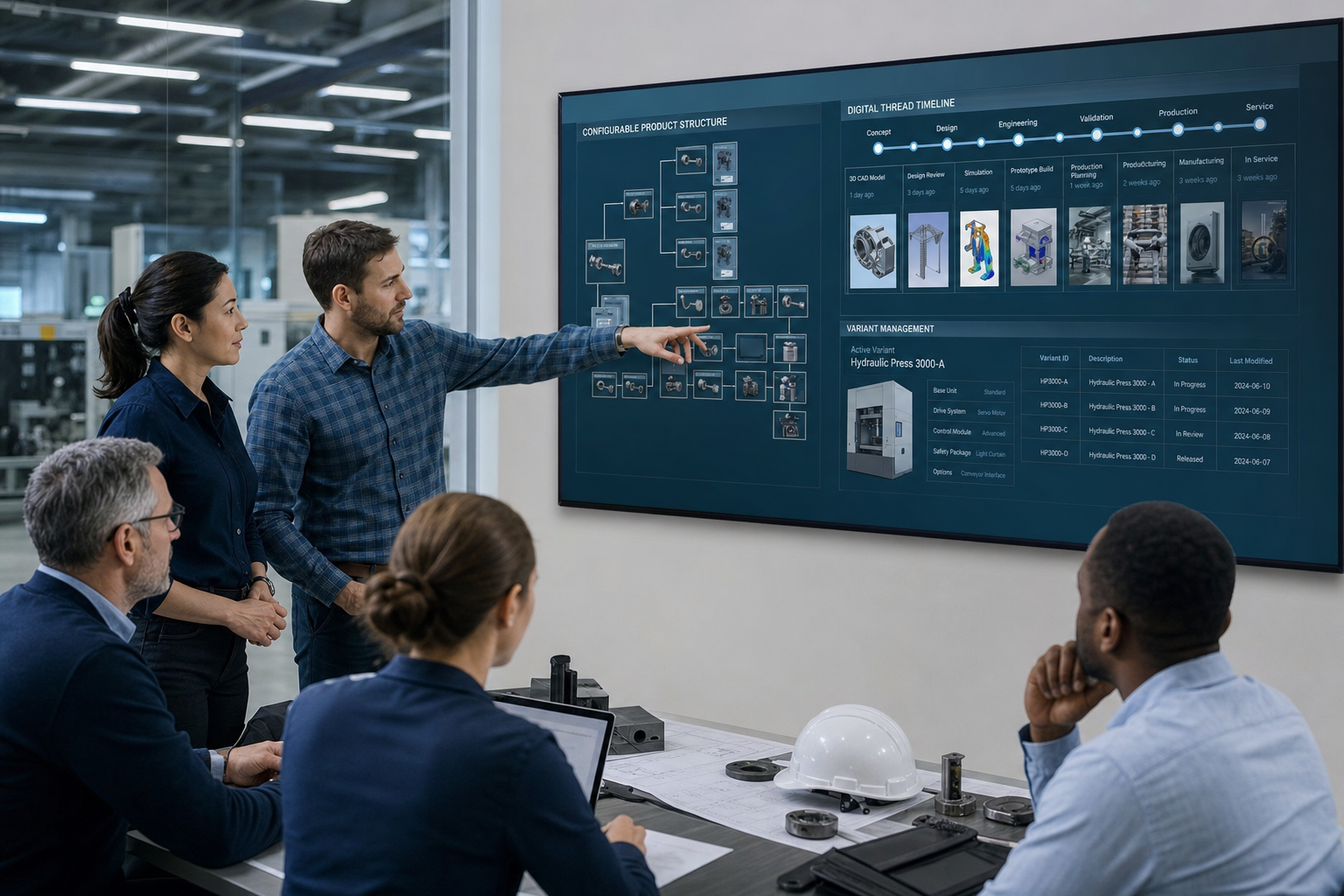 Engineering and operations teams reviewing complex configurable product structures and a digital thread timeline on a large wall display