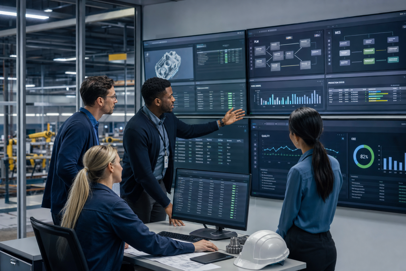 Control room in a mid-sized manufacturing plant with engineers reviewing large digital dashboards showing connected PLM, ERP, and shop-floor systems